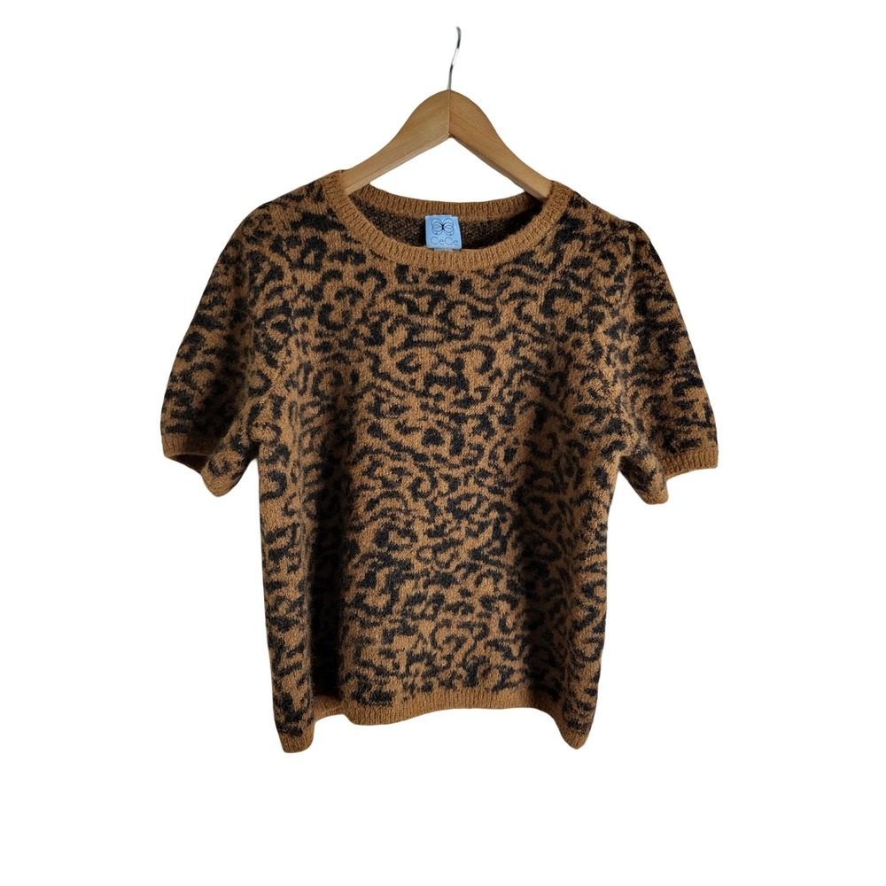 CeCe Brown Black Leopard Print Short Sleeve Fuzzy Knit Sweater Sz M Edgy Preppy